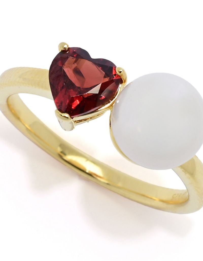 18K Gold Plated “Hollywood” Cultured Pearl & Heart Shape Gem “Toi et Moi” Ring