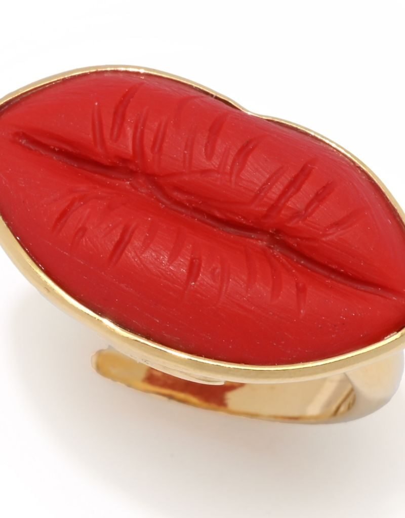 Bello Italiano 18K Gold Plated “Rossetto” Red Coral Lips Ring