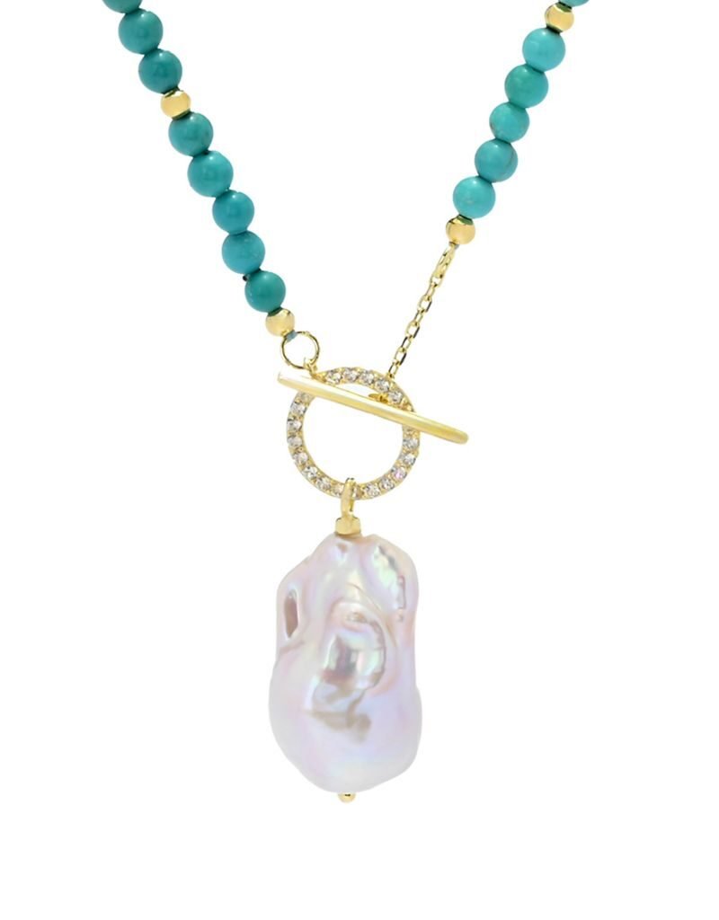 18K Gold Plated 25x15mm Baroque Cultured Pearl, Turquoise & Zircon Necklace
