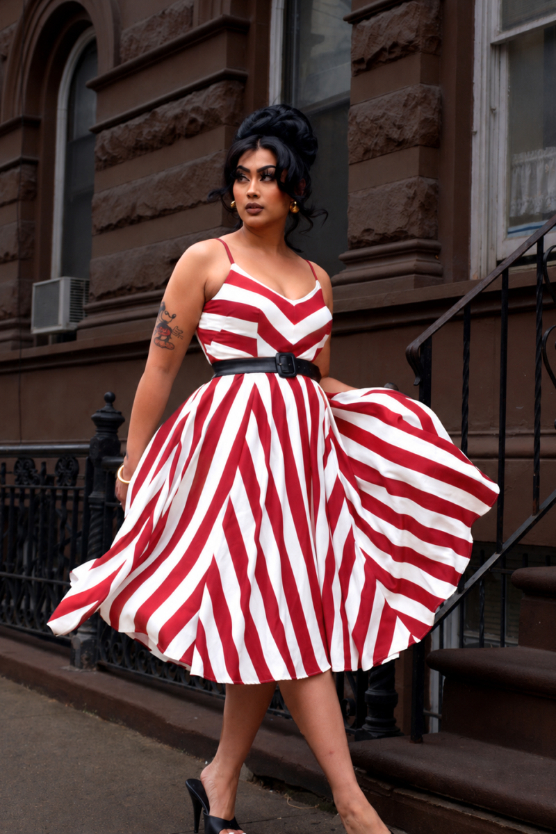 Amalie Ballerina 70’s Style Swing Dress in Red and White Mark Stripe