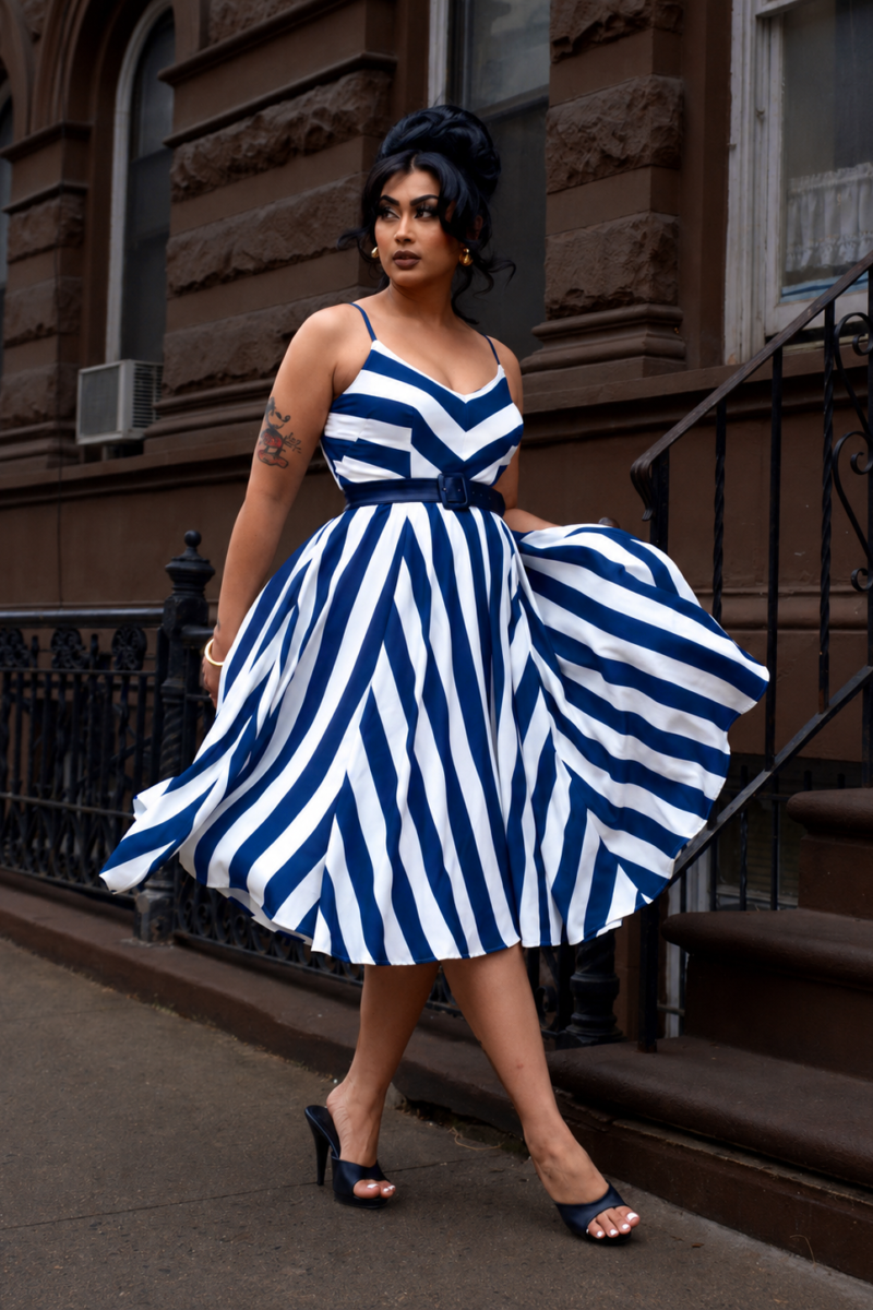 Amalie Ballerina 70’s Style Swing Dress in Blue and White Mark Stripe